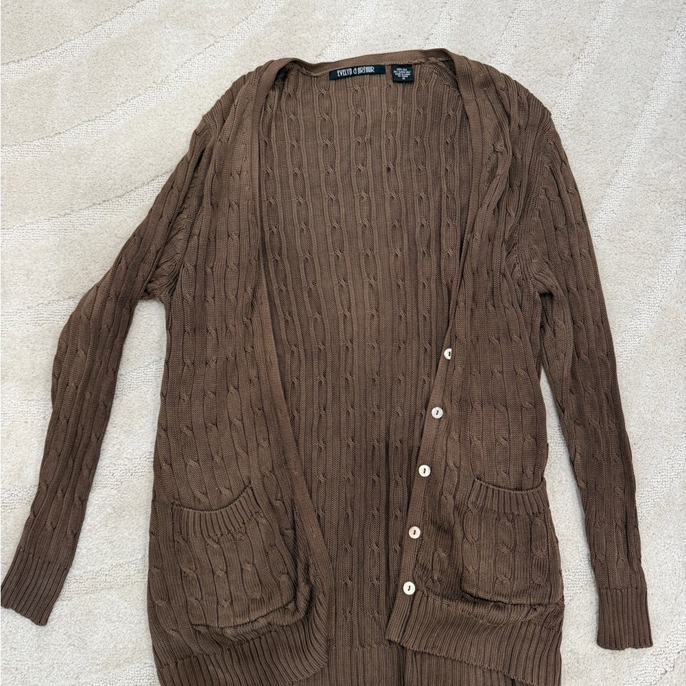 Cable-Knit Brown Button-Front Cardigan by White House Black Market